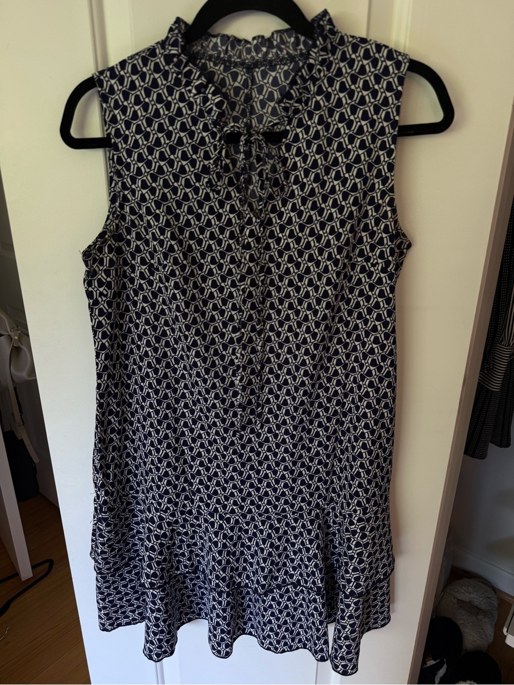 Sleeveless Navy Geometric Tie-Neck Dress